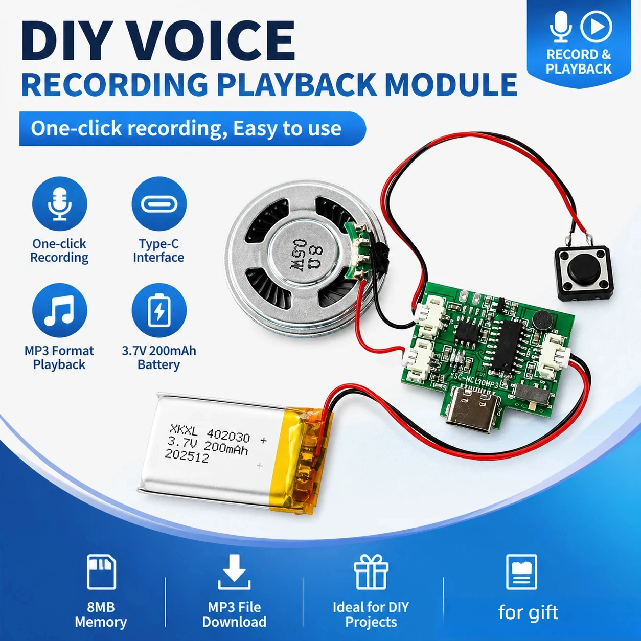 DIY Voice Recording Playback Module 8M MP3 Download Type C 3.7V 200mAh Speaker For Greeting Card Pop Up Book Handmade Gift
DIY Voice Recording Playback Module 8M MP3 Download Type C 3.7V 200mAh Speaker For Greeting Card Pop Up Book Handmade Gift