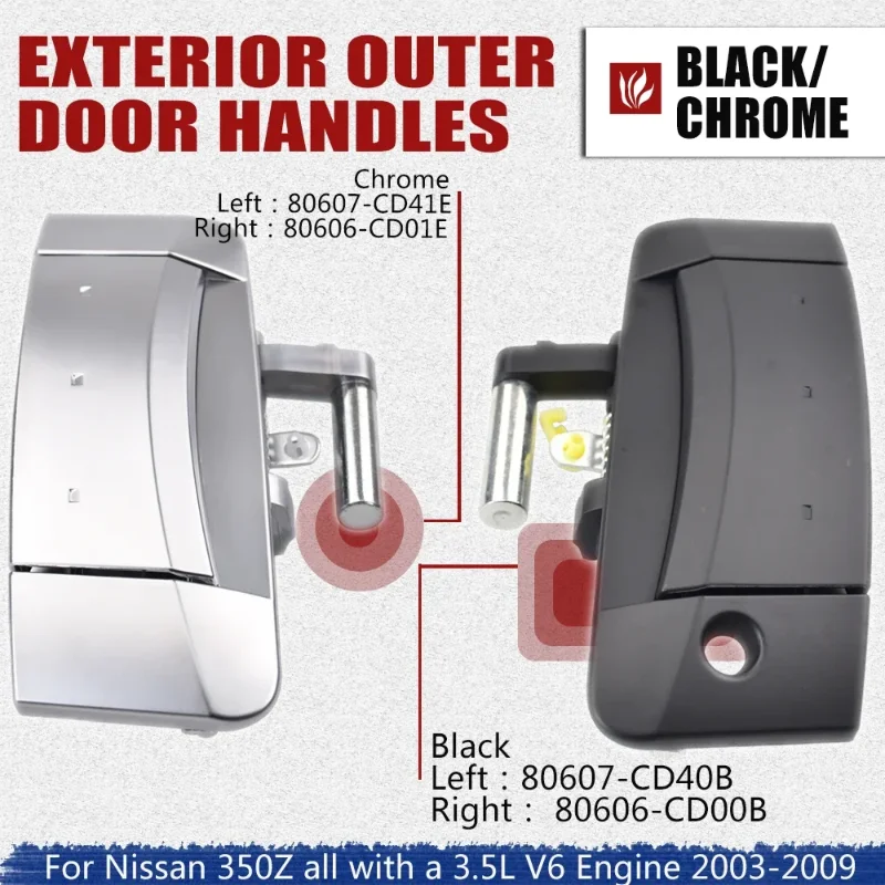 80607-CD40B 80606-CD00B Black Left Right Door Handles For Nissan 350Z all with a 3.5L V6 Engine 2003-2009 Exterior Outer
80607-CD40B 80606-CD00B Black Left Right Door Handles For Nissan 350Z all with a 3.5L V6 Engine 2003-2009 Exterior Outer