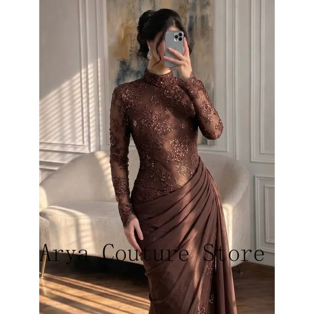 Customized Chocolate Brown High Neck Long Sleeve Lace Beaded Mermaid Evening Dress Women Formal Arabic Wedding Guest Gown
Customized Chocolate Brown High Neck Long Sleeve Lace Beaded Mermaid Evening Dress Women Formal Arabic Wedding Guest Gown