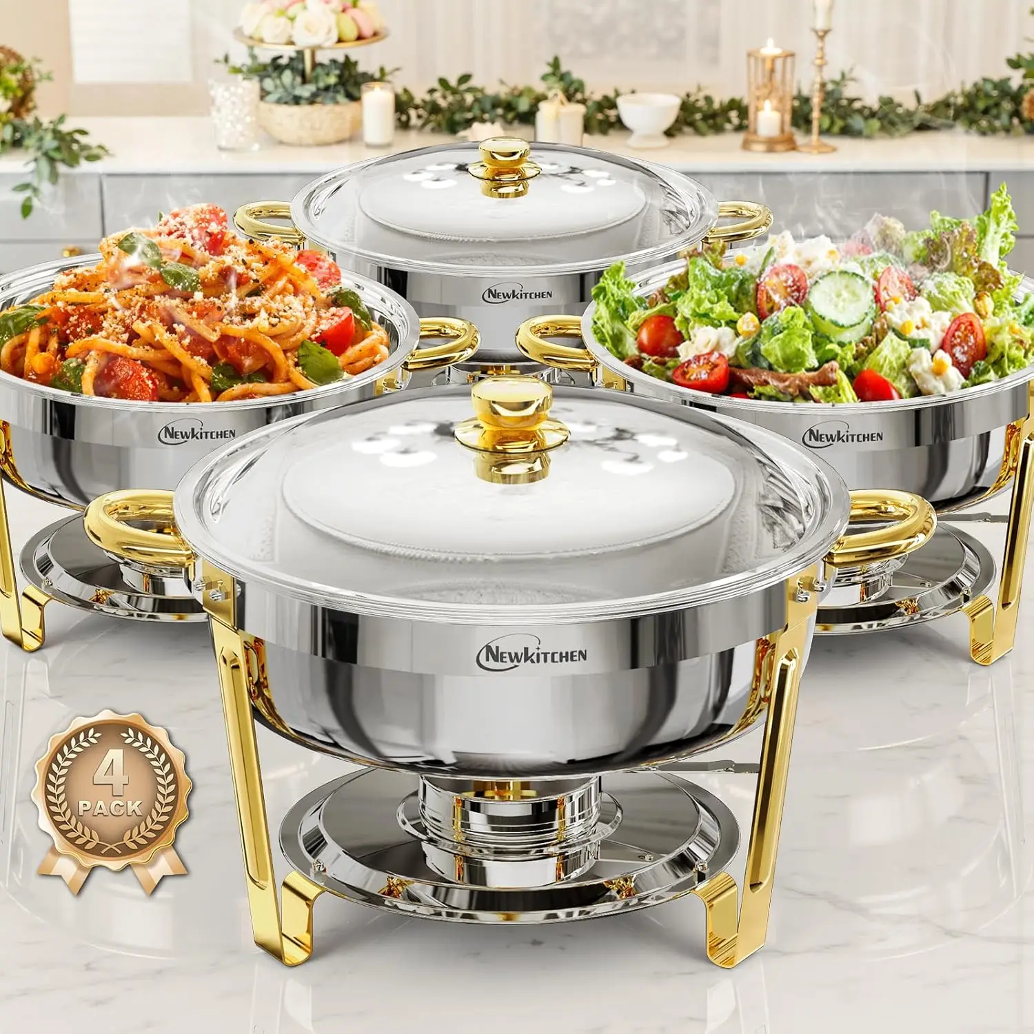 6QT Round Chafing Dishes for Buffet 4 Pack, Stainless Steel, Gold/Silver, Perfect for Parties
6QT Round Chafing Dishes for Buffet 4 Pack, Stainless Steel, Gold/Silver, Perfect for Parties