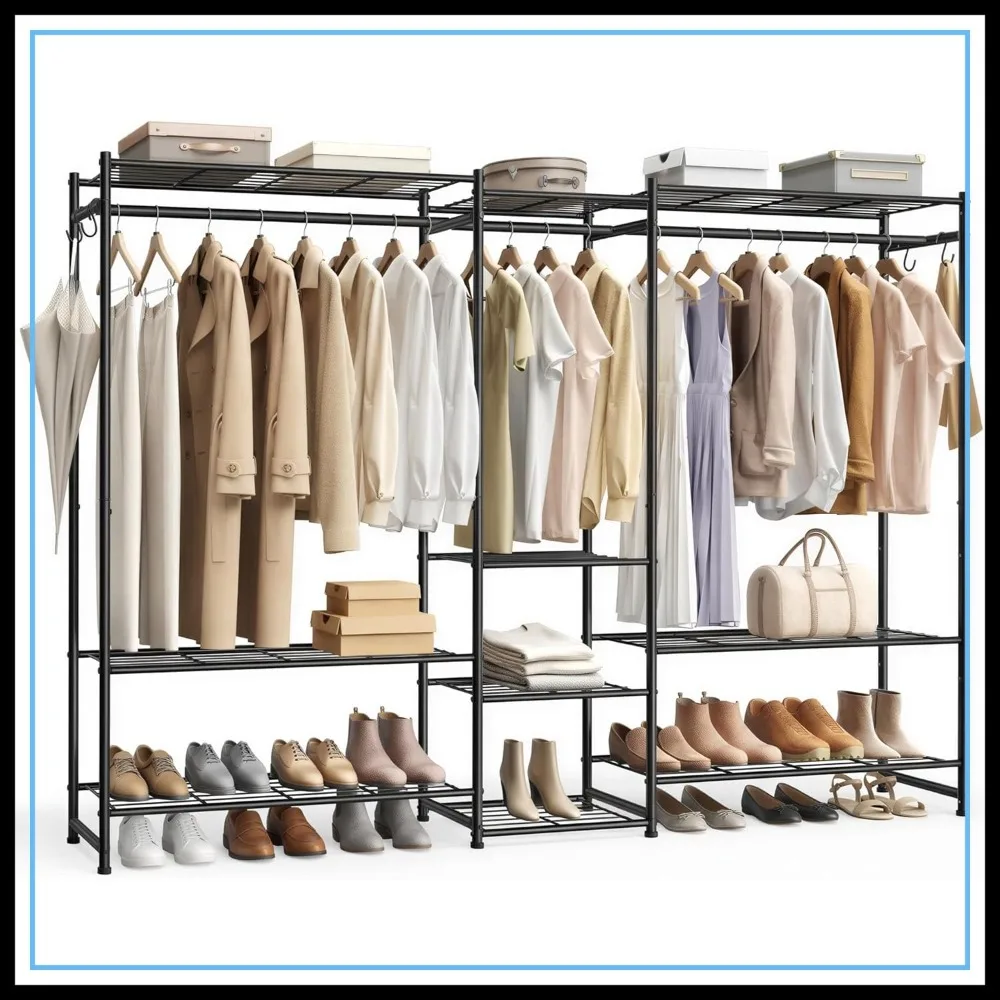 Portable Closet Wardrobe with 10 Shelves, 3 Hanging Rods, Metal Frame, for Bedroom, Entryway, Black
Portable Closet Wardrobe with 10 Shelves, 3 Hanging Rods, Metal Frame, for Bedroom, Entryway, Black