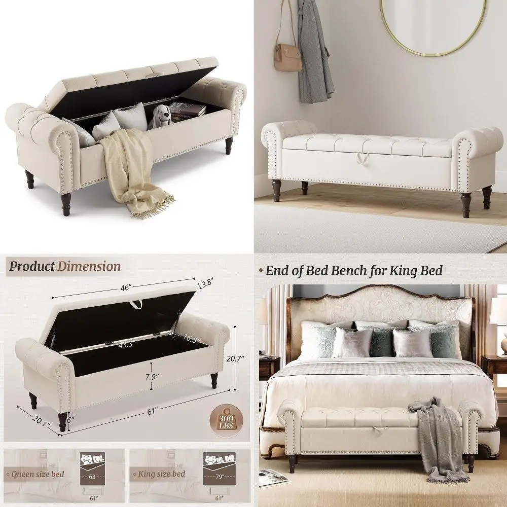 Storage Bench Ottoman, 61 King Linen Rolled Arm Bedroom End of Bed Bench, Window Bench with Button Tufted and Nailhead Trim for
Storage Bench Ottoman, 61 King Linen Rolled Arm Bedroom End of Bed Bench, Window Bench with Button Tufted and Nailhead Trim for