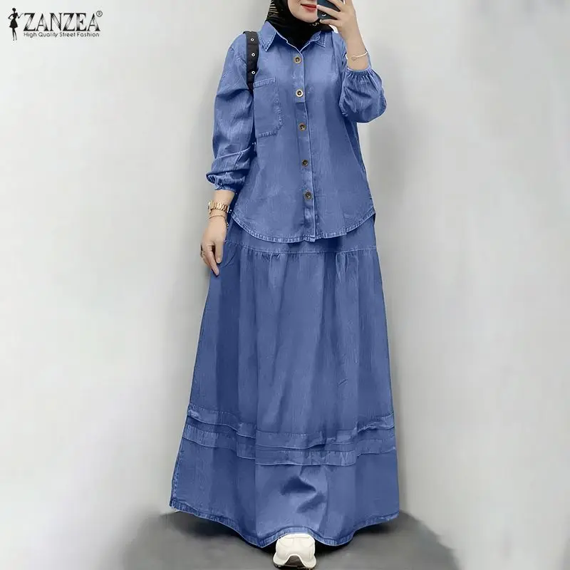 ZANZEA Muslim Women's Oversized Skirt Suits False-Denim Long Sleeve Shirt & Pintuck Maxi Skirt 2 Pieces Sets Islamic Outfits
ZANZEA Muslim Women's Oversized Skirt Suits False-Denim Long Sleeve Shirt & Pintuck Maxi Skirt 2 Pieces Sets Islamic Outfits