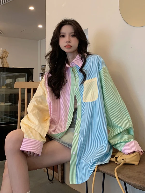 Sweet Candy Color Block Stripe Long Sleeve Shirt Women's Spring Autumn New Style Commute Korean Loose Fit Breathable Shirt
Sweet Candy Color Block Stripe Long Sleeve Shirt Women's Spring Autumn New Style Commute Korean Loose Fit Breathable Shirt