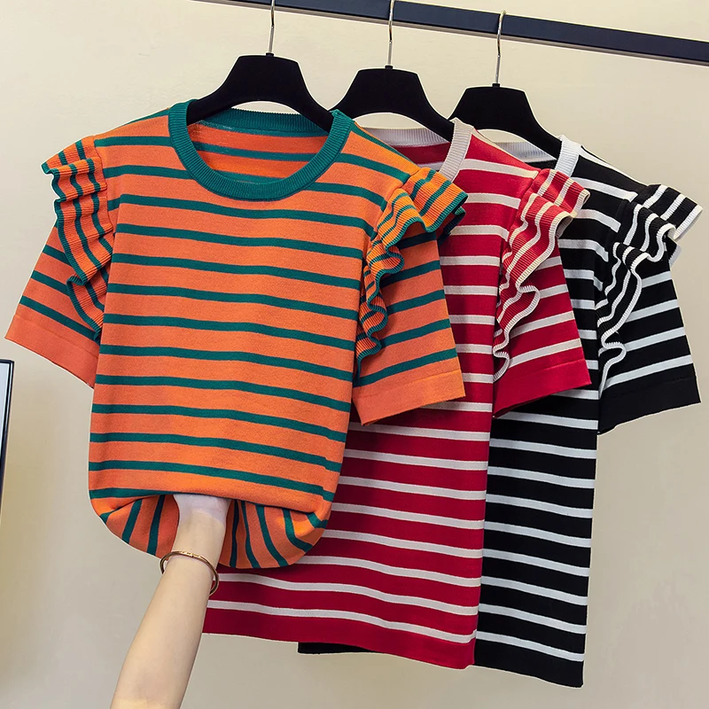 Cotton 100% Korean Stripe Ruffles Short Sleeve Tops For Women O Neck Short Sleeve T Shirt Female Clothing 2023 Summer Tees 4XL
Cotton 100% Korean Stripe Ruffles Short Sleeve Tops For Women O Neck Short Sleeve T Shirt Female Clothing 2023 Summer Tees 4XL