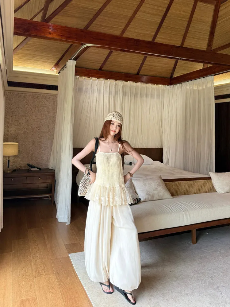 Women's Lace Trim Off-Shoulder Crop Top And Lantern Pants Two-Piece Set Summer Fashion Casual Wear Breathable Polyester Fabric
Women's Lace Trim Off-Shoulder Crop Top And Lantern Pants Two-Piece Set Summer Fashion Casual Wear Breathable Polyester Fabric