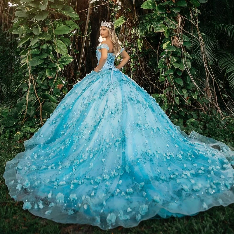 Sky Blue Off-The-Shoulder Princess Ball Gown Romantic Quinceanera Dress Classic 3D Flower Applique Beads Sweet 16 Dress Vestidos
Sky Blue Off-The-Shoulder Princess Ball Gown Romantic Quinceanera Dress Classic 3D Flower Applique Beads Sweet 16 Dress Vestidos