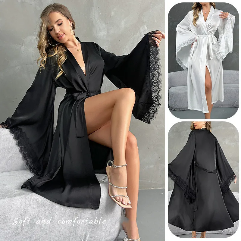 Sexy Lace Applique Flare Sleeve Negligee Homewear Silky Satin Kimono Bathrobe Gown Summer Sleepwear
Sexy Lace Applique Flare Sleeve Negligee Homewear Silky Satin Kimono Bathrobe Gown Summer Sleepwear