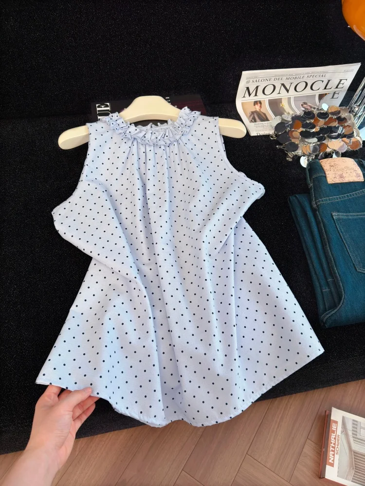 Blue Polka Dot off Shoulder round Neck Sleeveless Shirt Women's Summer New Style Elegant Gauze Loose Fit Casual Top
Blue Polka Dot off Shoulder round Neck Sleeveless Shirt Women's Summer New Style Elegant Gauze Loose Fit Casual Top