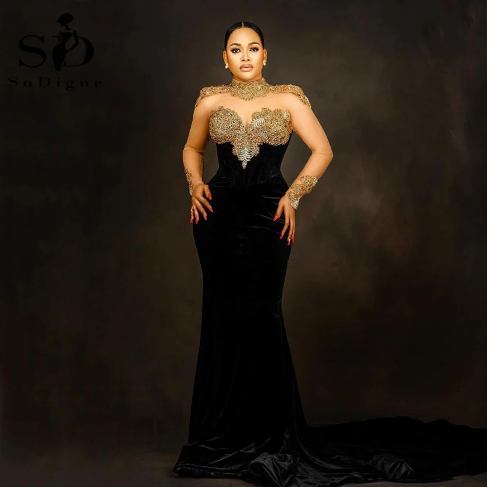 SoDigne Velvet Black Mermaid Prom Dresses Gold Lace Appliques Long Sleeve Caftan Arabic Evening Dress Engagement Bridal Gowns
SoDigne Velvet Black Mermaid Prom Dresses Gold Lace Appliques Long Sleeve Caftan Arabic Evening Dress Engagement Bridal Gowns