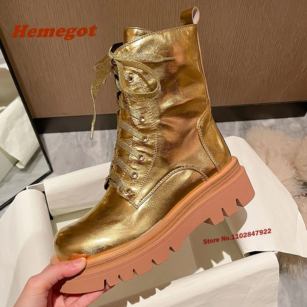 Patent Leather Height Increasing Ankle Boots Gear Thick Sole Round Toe Gold Cross Tied Lace-Up Women's Boots Winter Newest Sexy
Patent Leather Height Increasing Ankle Boots Gear Thick Sole Round Toe Gold Cross Tied Lace-Up Women's Boots Winter Newest Sexy