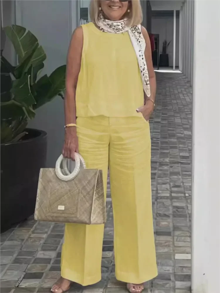 Simple New Cotton Linen Suits Summer Fashion Sleeveless Loose Blouse Wide Leg Pants Two Piece Set For Women Casual Outfits
Simple New Cotton Linen Suits Summer Fashion Sleeveless Loose Blouse Wide Leg Pants Two Piece Set For Women Casual Outfits