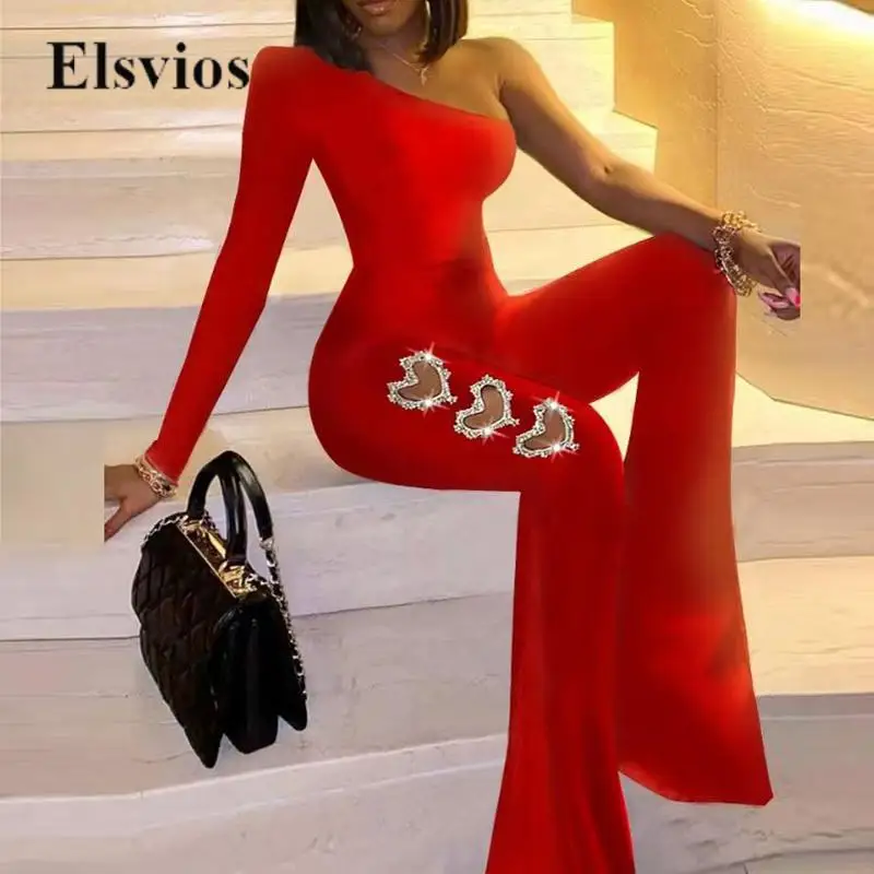 Fashion One Shoulder Solid Jumpsuit Sexy Rhinestone Heart Hollow Flare Sleeve Romper Women Elegant Slim Party Playsuit Overalls
Fashion One Shoulder Solid Jumpsuit Sexy Rhinestone Heart Hollow Flare Sleeve Romper Women Elegant Slim Party Playsuit Overalls
