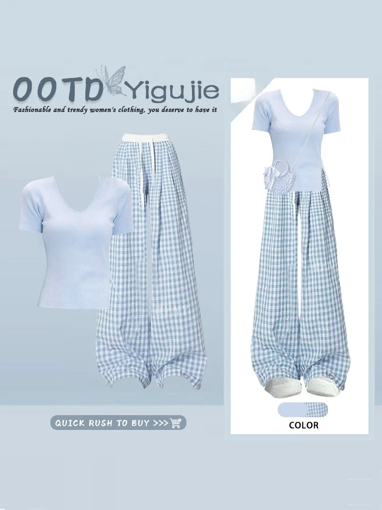 Blue Slim Fit Sweet Short Sleeve Split Inner Wear Top And Casual Pants Two Piece Set for Young Girls Summer Plaid Splicing
Blue Slim Fit Sweet Short Sleeve Split Inner Wear Top And Casual Pants Two Piece Set for Young Girls Summer Plaid Splicing