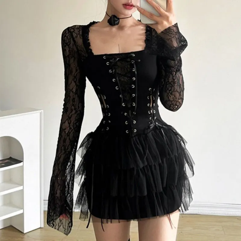 Fashionable Lace Spliced Gothic Mini Dress Women's Clothing Vintage Sexy Slim Spring Autumn Drawstring Waist Ball Gown Dresses
Fashionable Lace Spliced Gothic Mini Dress Women's Clothing Vintage Sexy Slim Spring Autumn Drawstring Waist Ball Gown Dresses