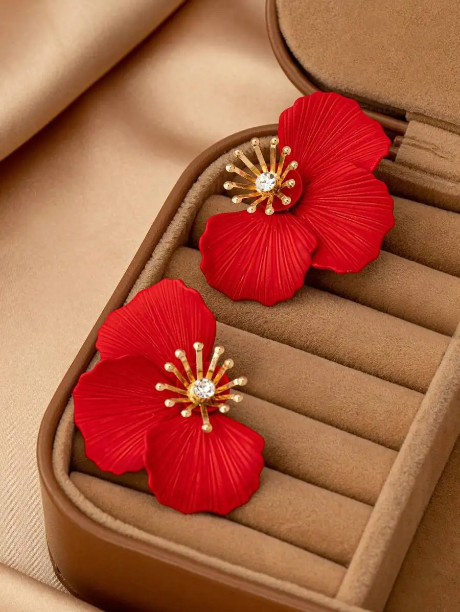 Enameled Metal Floral Earrings For Women Red Flower Design With Crystal Center
Enameled Metal Floral Earrings For Women Red Flower Design With Crystal Center