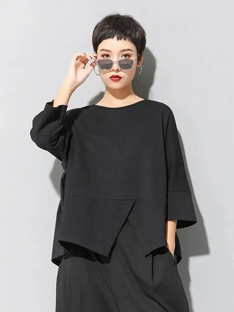 Back Women Black Ruffles Big Size Casual T-shirt New Round Neck Three-quarter Sleeve Fashion Spring Autumn 2026 Q4TS
Back Women Black Ruffles Big Size Casual T-shirt New Round Neck Three-quarter Sleeve Fashion Spring Autumn 2026 Q4TS