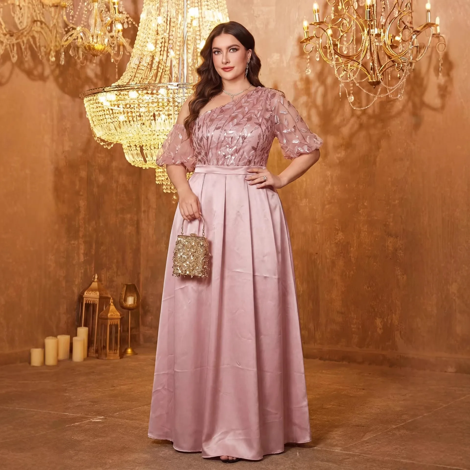 Plus Size Blush Pink Asymmetrical One Shoulder Puff Short Sleeve Leaf Sequin Mesh Satin Maxi Dress High Waist A LineEvening Gown
Plus Size Blush Pink Asymmetrical One Shoulder Puff Short Sleeve Leaf Sequin Mesh Satin Maxi Dress High Waist A LineEvening Gown