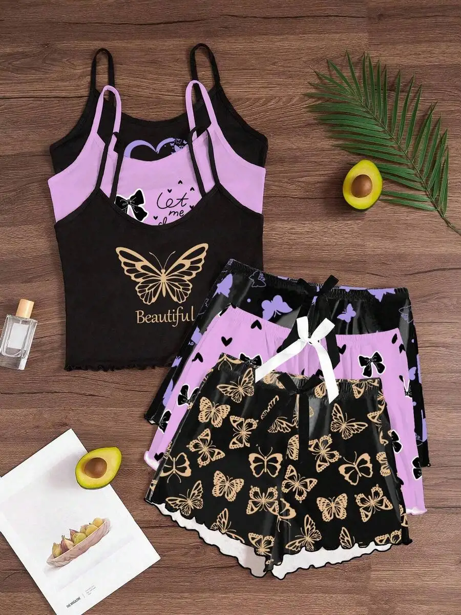 3pcs Butterfly Print Camisole And Shorts Pajama Set For Women Summer Sleepwear
3pcs Butterfly Print Camisole And Shorts Pajama Set For Women Summer Sleepwear