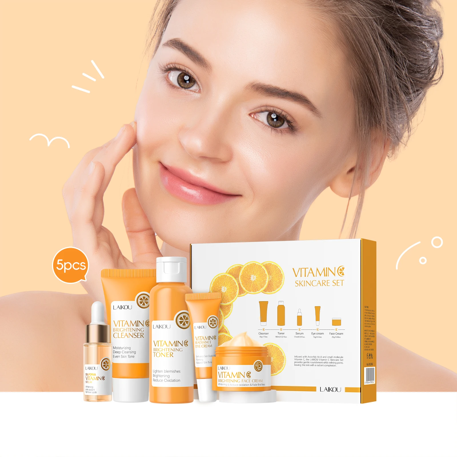 LAIKOU VITAMIN C Skincare Set Brightening 5Pcs Kit Even Skin Tone Smooth Wrinkle Tighten Pores Cleanser Toner Serum Eye Cream
LAIKOU VITAMIN C Skincare Set Brightening 5Pcs Kit Even Skin Tone Smooth Wrinkle Tighten Pores Cleanser Toner Serum Eye Cream