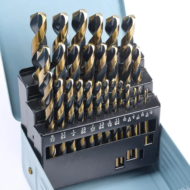 29Pcs Drill Bit Set, 135 Degree Tip High Speed Steel with Black and Gold Finish, Stainless Steel, Plastic and Wood with Metal
29Pcs Drill Bit Set, 135 Degree Tip High Speed Steel with Black and Gold Finish, Stainless Steel, Plastic and Wood with Metal