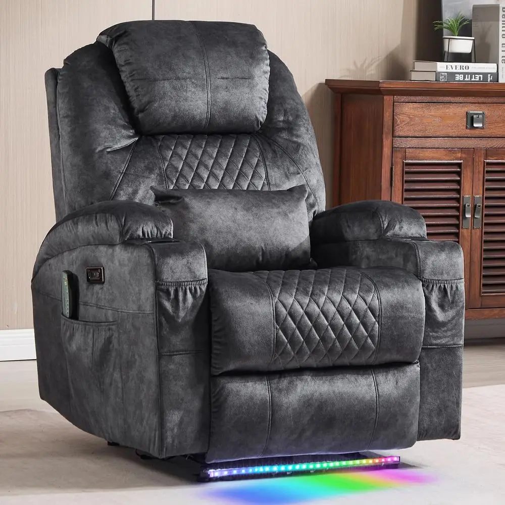 Gray Home Theater Recliner with Heat, Massage, LED Lights, Cup Holders, USB Port
Gray Home Theater Recliner with Heat, Massage, LED Lights, Cup Holders, USB Port