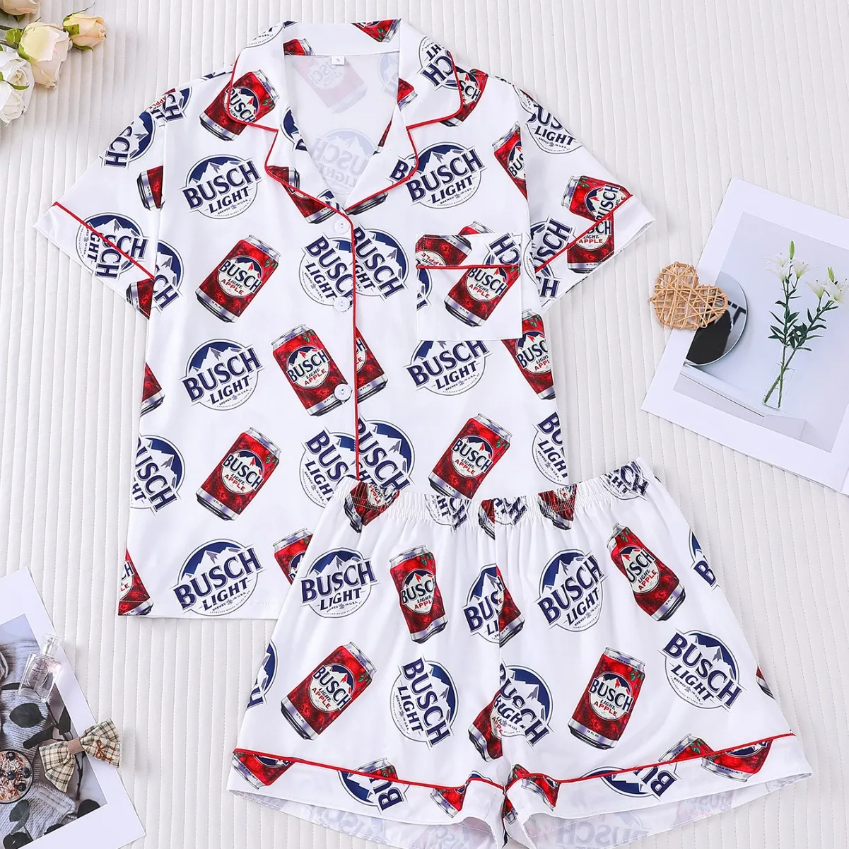 New European and American style drink print loungewear set, lapel short-sleeve and shorts pajamas for women
New European and American style drink print loungewear set, lapel short-sleeve and shorts pajamas for women