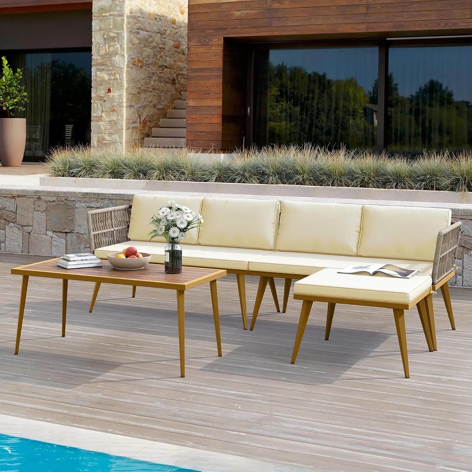 Furniture Set, Outdoor Rattan Woven L-Shaped Sofa for Backyard, Boho Detachable Lounger with Cushions and Side Table
Furniture Set, Outdoor Rattan Woven L-Shaped Sofa for Backyard, Boho Detachable Lounger with Cushions and Side Table