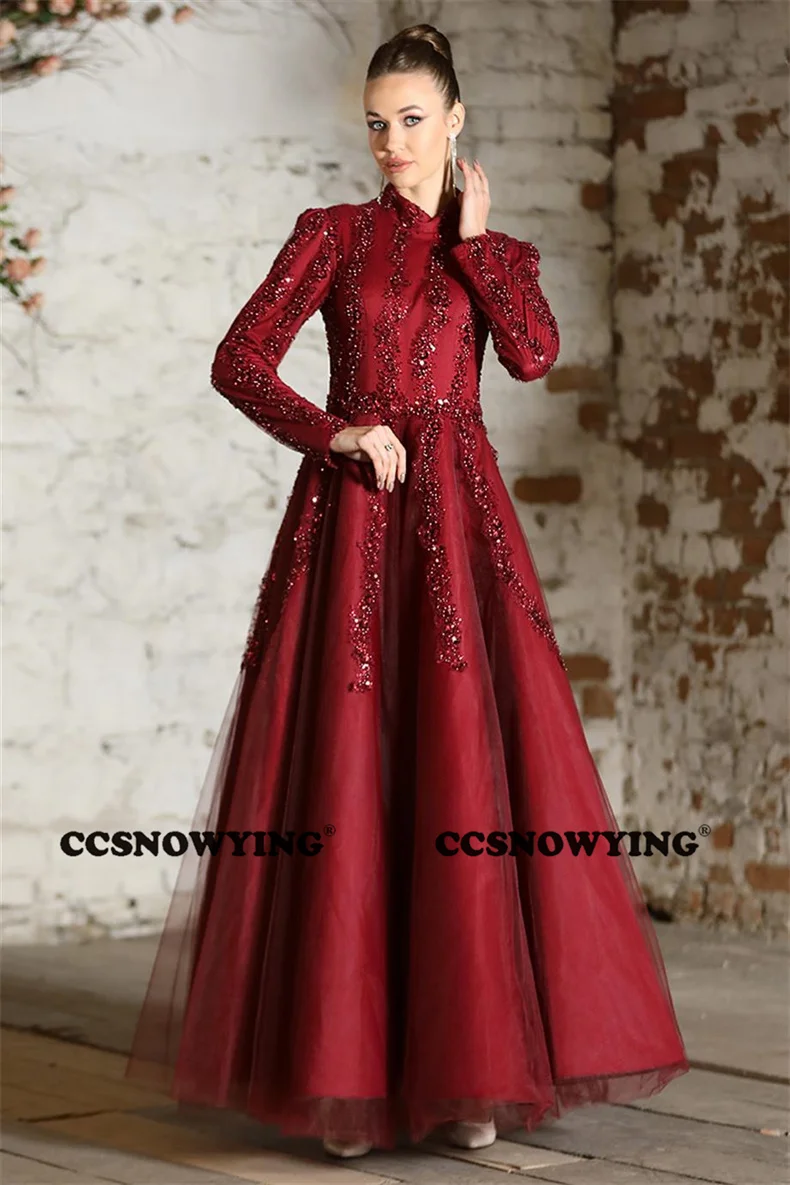 Burgundy Long Sleeves Hijab Evening Dresses Tulle Appliques Muslim Formal Party Gown Arabic Dubai Islamic Robes De Soirée
Burgundy Long Sleeves Hijab Evening Dresses Tulle Appliques Muslim Formal Party Gown Arabic Dubai Islamic Robes De Soirée