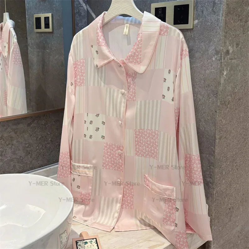 Sweet Pink Plaid Pajamas 2Pcs Doll Collar Long Sleeve Home Clothes Loose Home Clothes Women Trousers Suit Ice Silk Loungewear
Sweet Pink Plaid Pajamas 2Pcs Doll Collar Long Sleeve Home Clothes Loose Home Clothes Women Trousers Suit Ice Silk Loungewear