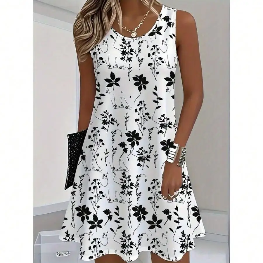 Floral Print Sleeveless Loose Dress For Women, Black And White Ink Painting Style, Casual Sporty Summer Vest Skirt
Floral Print Sleeveless Loose Dress For Women, Black And White Ink Painting Style, Casual Sporty Summer Vest Skirt