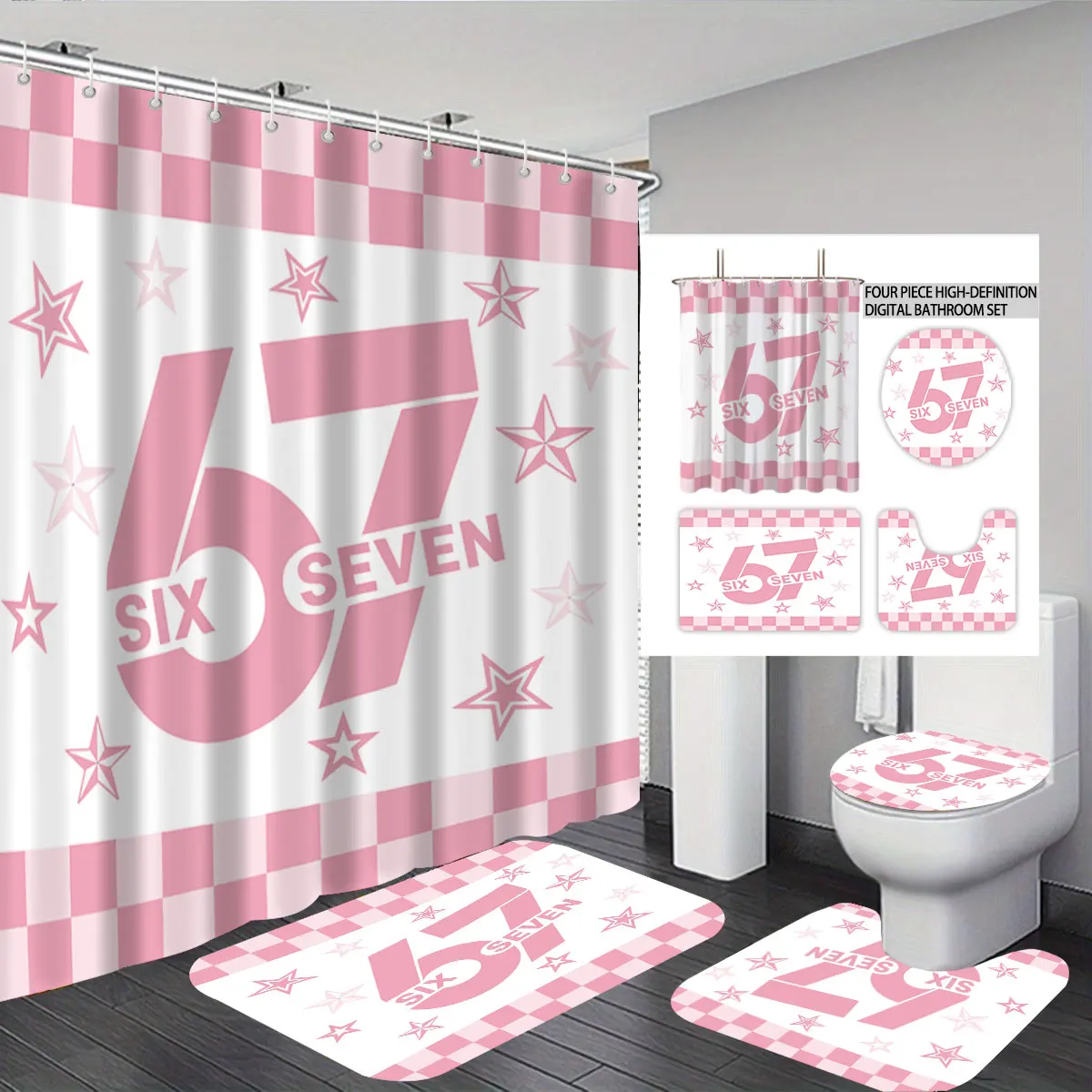 4pcs Pink Pentagram 67 Print Bathroom Set 180x180 Waterproof Shower Curtain Floor Mat U-Shaped Toilet Mat
4pcs Pink Pentagram 67 Print Bathroom Set 180x180 Waterproof Shower Curtain Floor Mat U-Shaped Toilet Mat