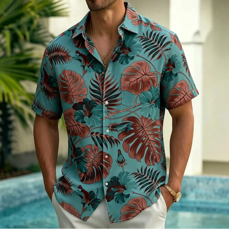 Men's tropical plant floral printed short sleeved shirt with pockets, suitable for swimming pool parties, summer leisure
Men's tropical plant floral printed short sleeved shirt with pockets, suitable for swimming pool parties, summer leisure
