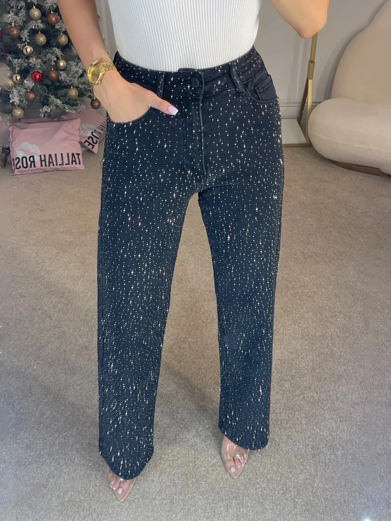 Women's Rhinestone Wide Leg Jeans High Waist Light Blue Sparkly Straight Denim Pants Party Clubwear
Women's Rhinestone Wide Leg Jeans High Waist Light Blue Sparkly Straight Denim Pants Party Clubwear