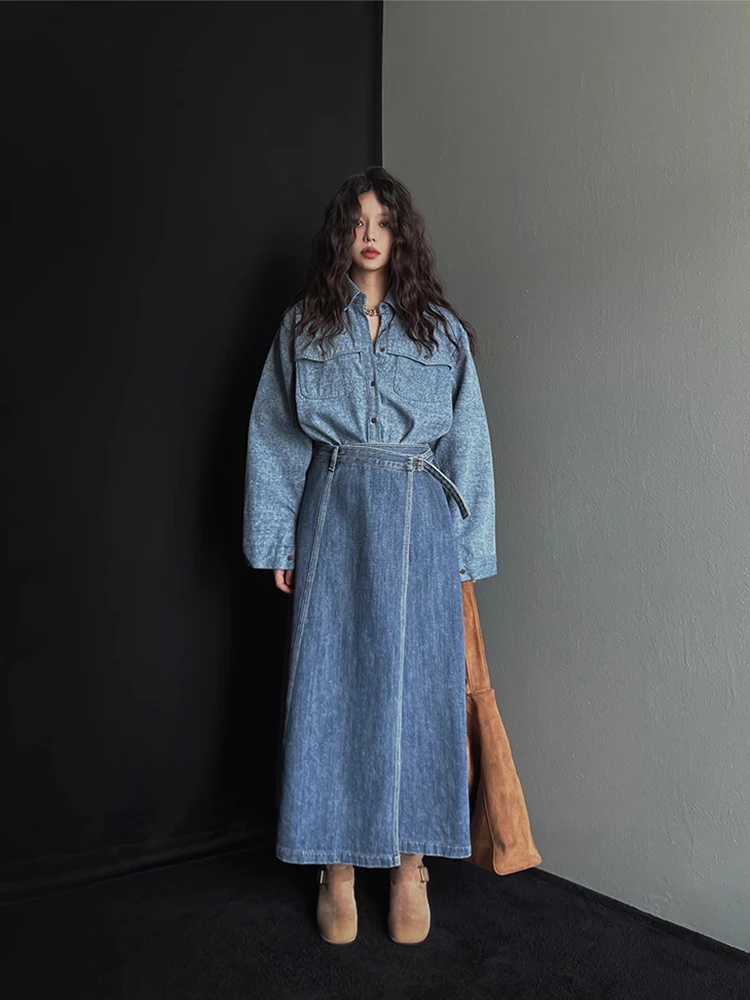 Chic Autumnal Casual Versatile Long Sve irt High Waist Asymmetrical Denim Skirt Set Single Button Faion Ensemble
Chic Autumnal Casual Versatile Long Sve irt High Waist Asymmetrical Denim Skirt Set Single Button Faion Ensemble
