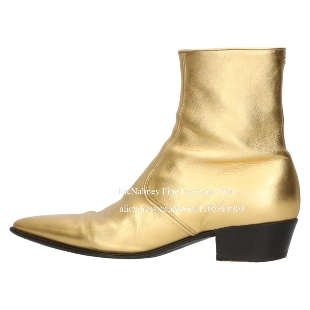 Luxury Gold Metallic Leather Chelsea Boots for Men Side Zipper Pointed Toe Cuban Heel Birtish Ankle Boots Business Dress Shoes
Luxury Gold Metallic Leather Chelsea Boots for Men Side Zipper Pointed Toe Cuban Heel Birtish Ankle Boots Business Dress Shoes