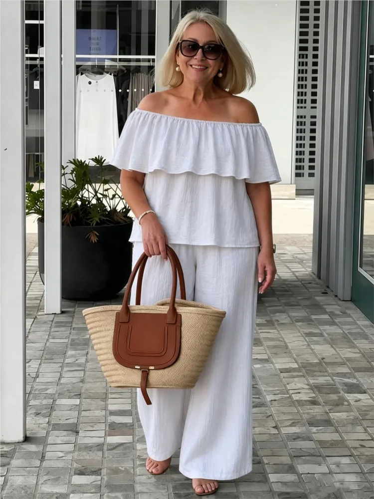 Fashion Elegant Holiday Woman 2 Piece Set Outfit Summer One-shoulder Ruffle Top Wide-leg Pants Casual Vacation Two-piece Set
Fashion Elegant Holiday Woman 2 Piece Set Outfit Summer One-shoulder Ruffle Top Wide-leg Pants Casual Vacation Two-piece Set