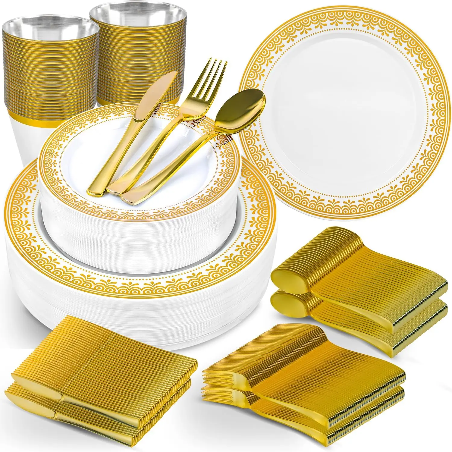 300 Pcs Gold Disposable Dinnerware Set For 50 Guests, High End Gold And White Plastic Plates For Party, Ludes 100 Plates, 50
300 Pcs Gold Disposable Dinnerware Set For 50 Guests, High End Gold And White Plastic Plates For Party, Ludes 100 Plates, 50