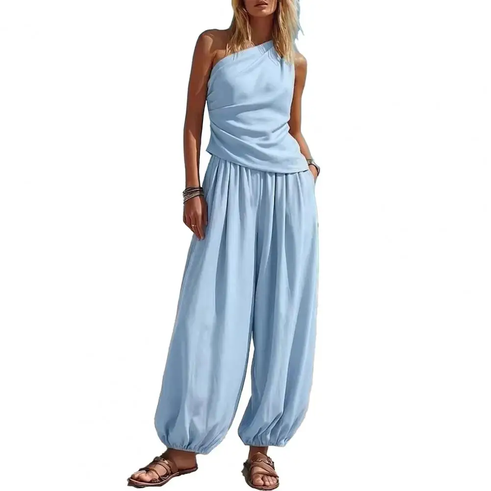 Summer Women Outfit Tank Top Pants Two Piece Set One-shoulder Sleeveless Shirt Solid Color Loose Casual Top Pants Suit
Summer Women Outfit Tank Top Pants Two Piece Set One-shoulder Sleeveless Shirt Solid Color Loose Casual Top Pants Suit