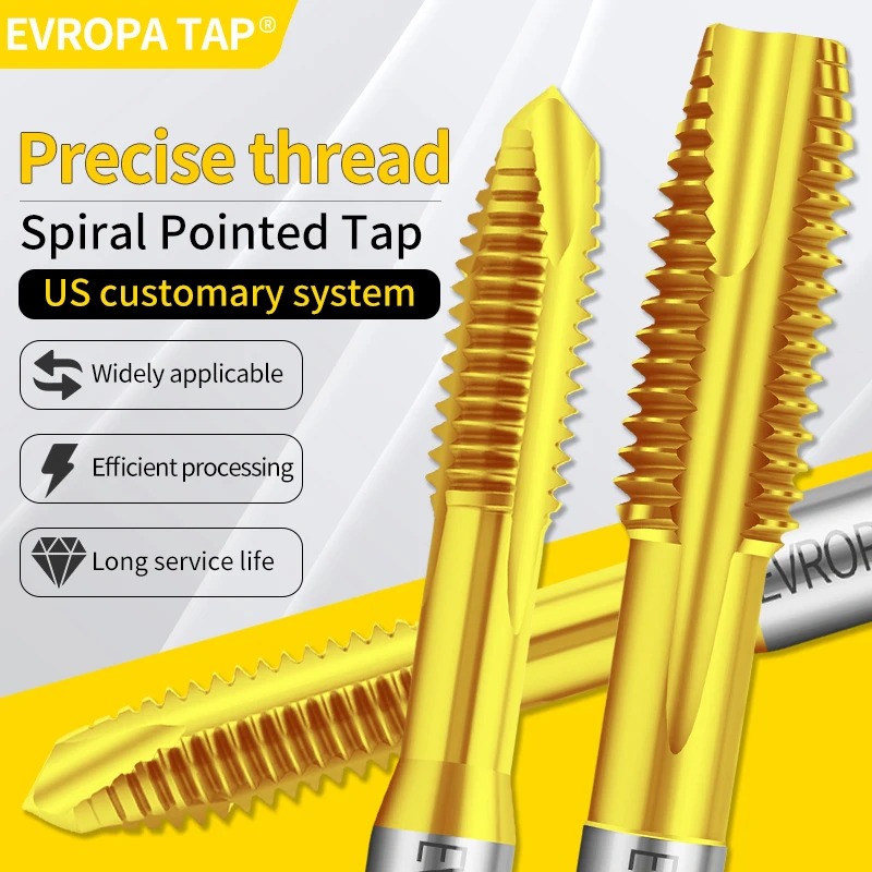 EVROPA TAP HSSE American Spiral Pointed Taps Tin Coated UNC/F 0-80 2-56 3-48 4-40 5-40 6-32 10-24 3/16~3/8Screw Fine Thread Taps
EVROPA TAP HSSE American Spiral Pointed Taps Tin Coated UNC/F 0-80 2-56 3-48 4-40 5-40 6-32 10-24 3/16~3/8Screw Fine Thread Taps