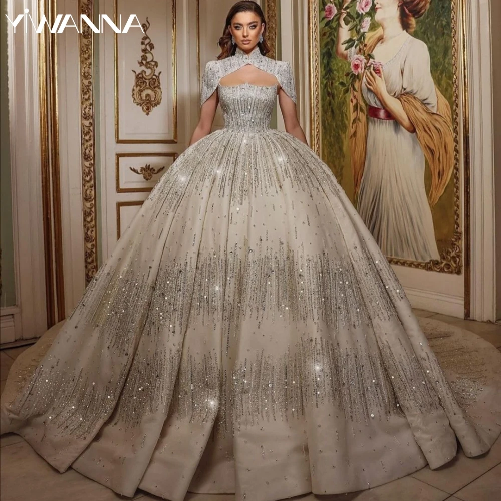 Luxury Ball Gown Long Bride Robe With Jacket Shiny Sequins Beads Wedding Dress Customized High Collar Bridal Gown Robe De Mariée
Luxury Ball Gown Long Bride Robe With Jacket Shiny Sequins Beads Wedding Dress Customized High Collar Bridal Gown Robe De Mariée