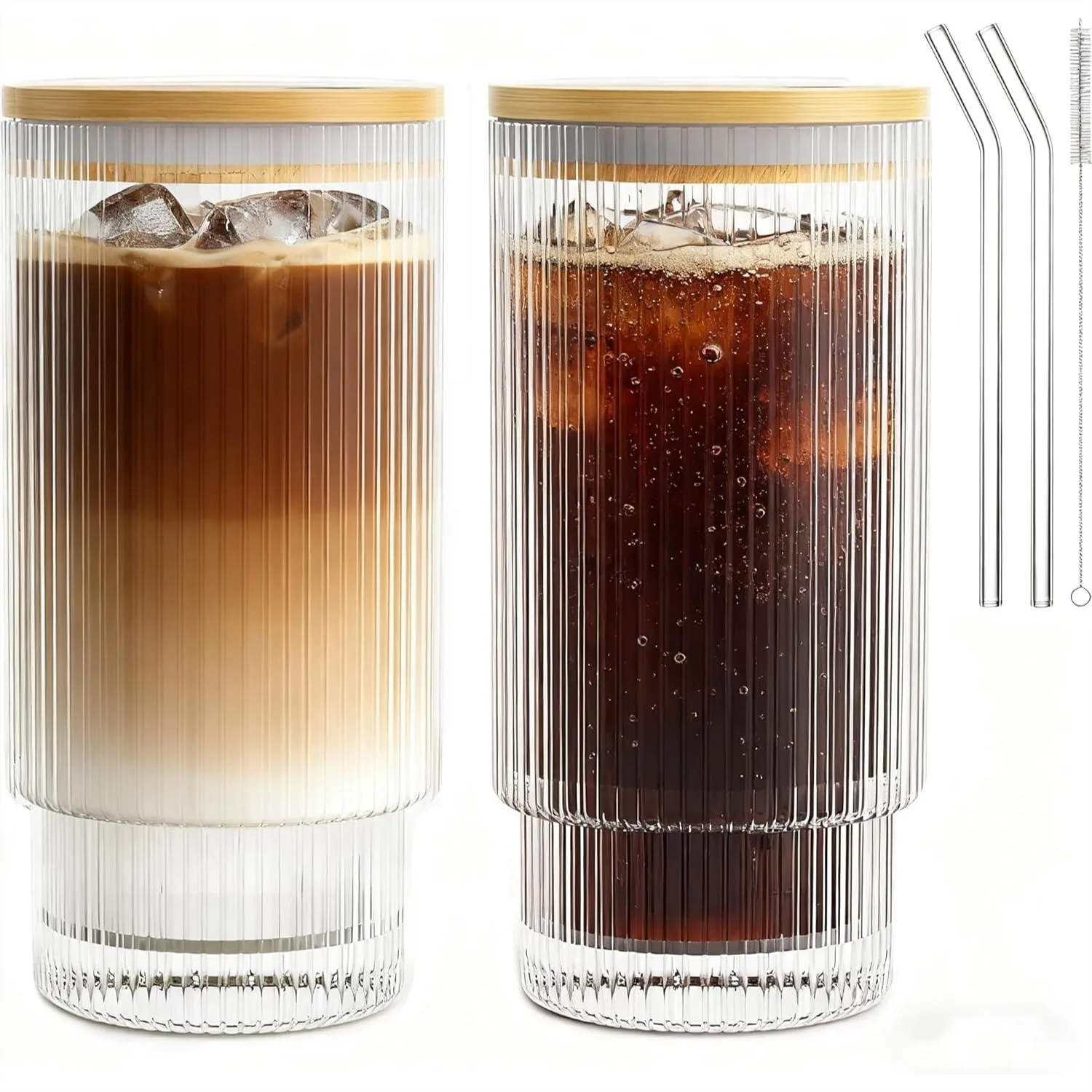 16OZ Ribbed Glass Cups with Lids and Straws, Iced Coffee Cups with Bamboo Lid, Vintage Glassware for Cocktail Beer Juice
16OZ Ribbed Glass Cups with Lids and Straws, Iced Coffee Cups with Bamboo Lid, Vintage Glassware for Cocktail Beer Juice