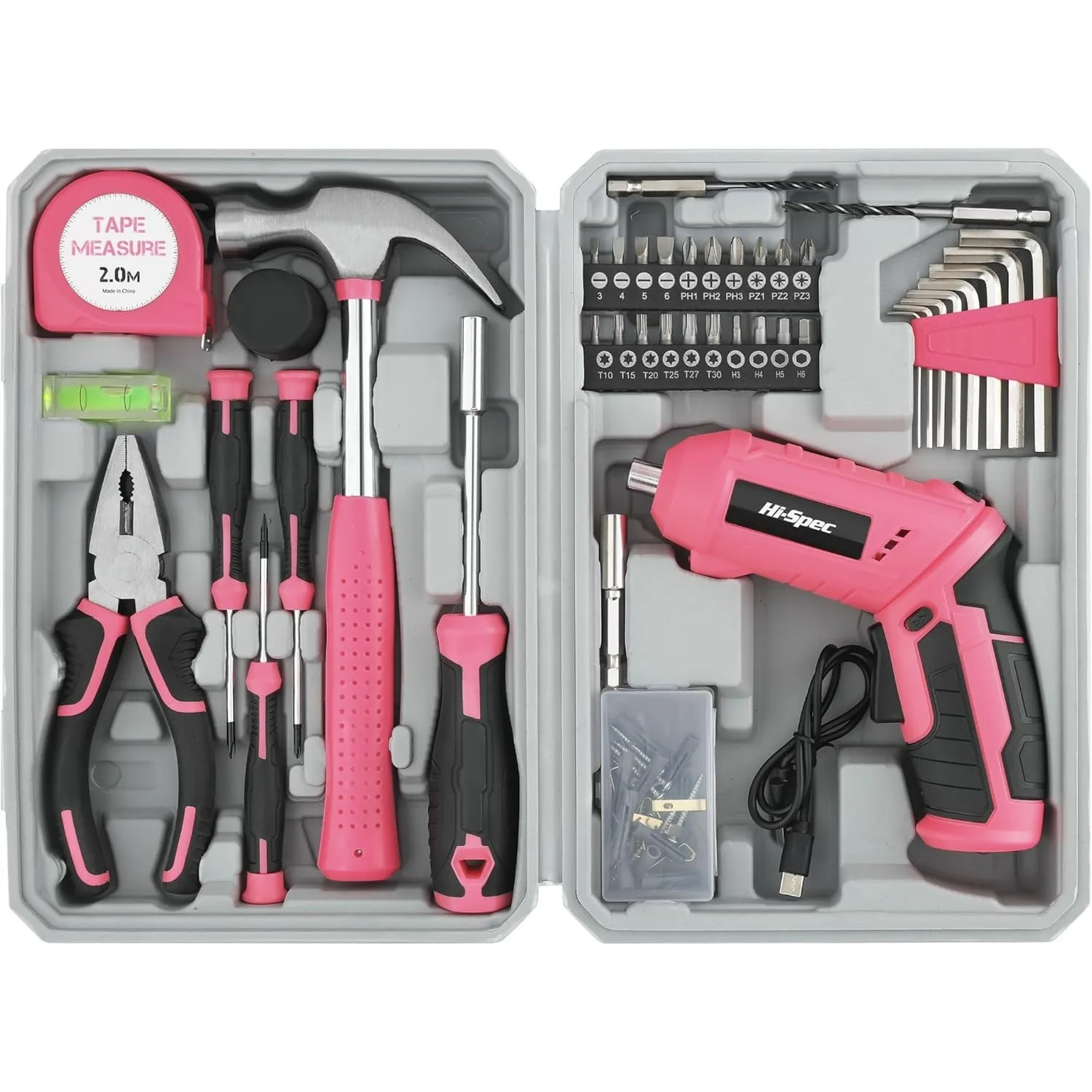 42pc Pink USB Electric Power Driver & Household Tool Kit with Cordless Screwdriver and Hand Tools in Compact Case
42pc Pink USB Electric Power Driver & Household Tool Kit with Cordless Screwdriver and Hand Tools in Compact Case