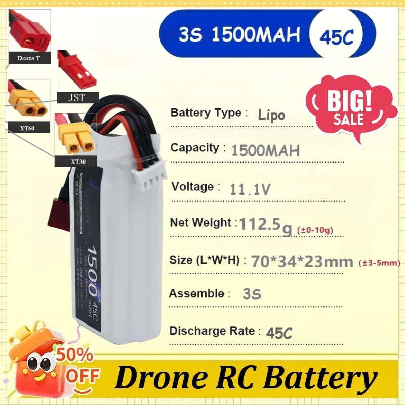 11.1V 1500mAh 3S LiPo Battery 45C for RC Drones Quadcopter Helicopter Cars Boats Spare Parts Recyclable Battery Bateria
11.1V 1500mAh 3S LiPo Battery 45C for RC Drones Quadcopter Helicopter Cars Boats Spare Parts Recyclable Battery Bateria