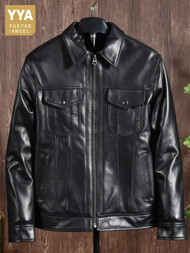 Retro Lapel Men Zipper Genuine Leather Jacket Fashion Solid Color Sheepskin Pockets Long Sleeves Slim Office Male Outerwear
Retro Lapel Men Zipper Genuine Leather Jacket Fashion Solid Color Sheepskin Pockets Long Sleeves Slim Office Male Outerwear