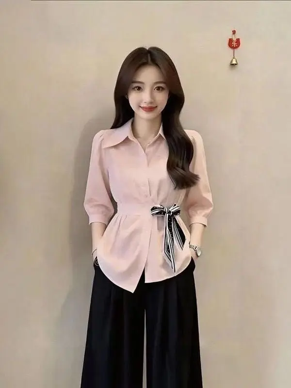 Slimming Design Women's Shirt Spring New Style Belted Waist Seven-Quarter Sleeve Commute Top plus Size Fashion Korean Style
Slimming Design Women's Shirt Spring New Style Belted Waist Seven-Quarter Sleeve Commute Top plus Size Fashion Korean Style