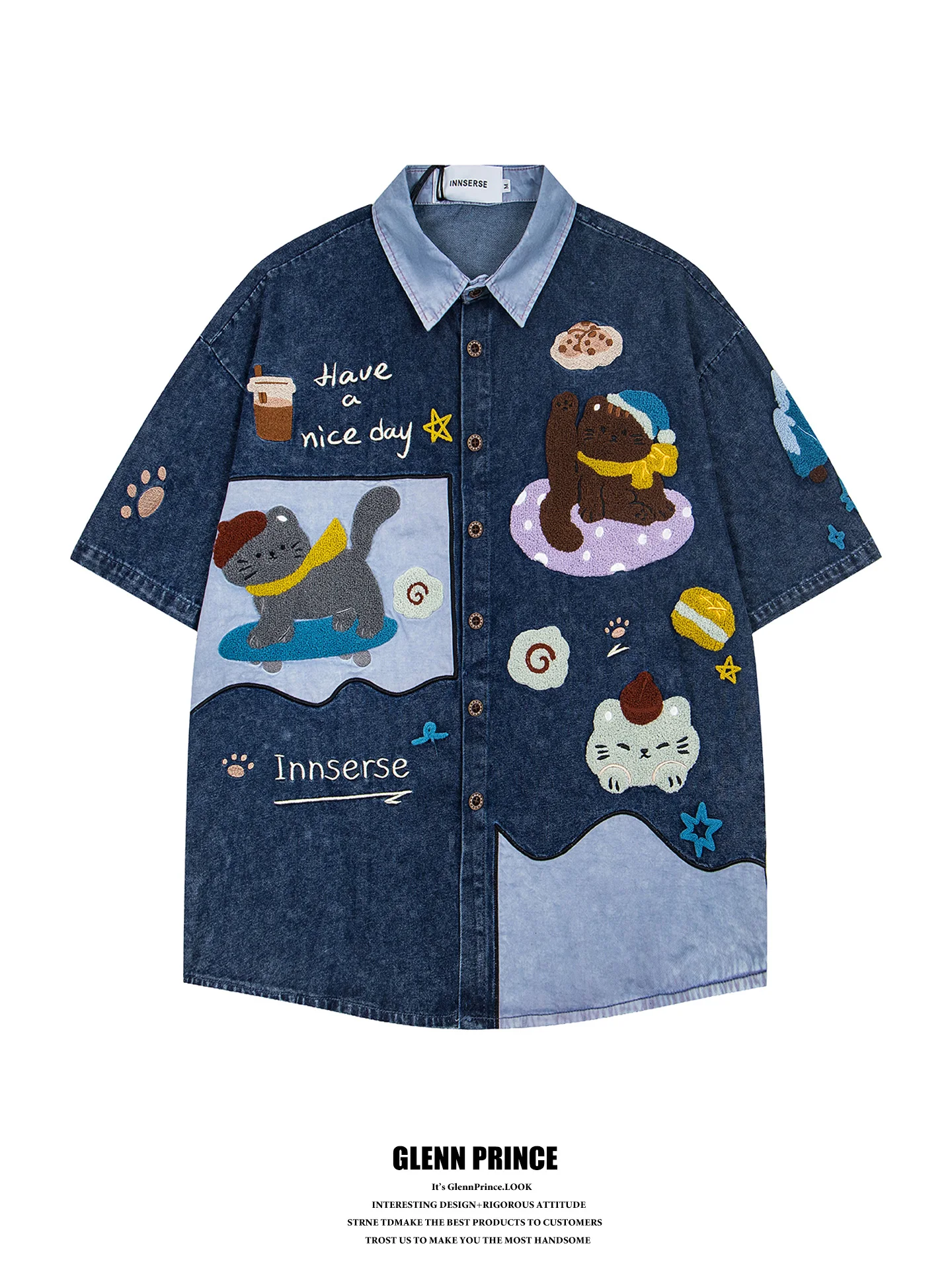 GPstudio Retro Towel Embroidery Patchwork Denim Short Sleeve Men's Shirt Half Sleeve Shirt Trendy Youth Casual Cotton Jeans
GPstudio Retro Towel Embroidery Patchwork Denim Short Sleeve Men's Shirt Half Sleeve Shirt Trendy Youth Casual Cotton Jeans