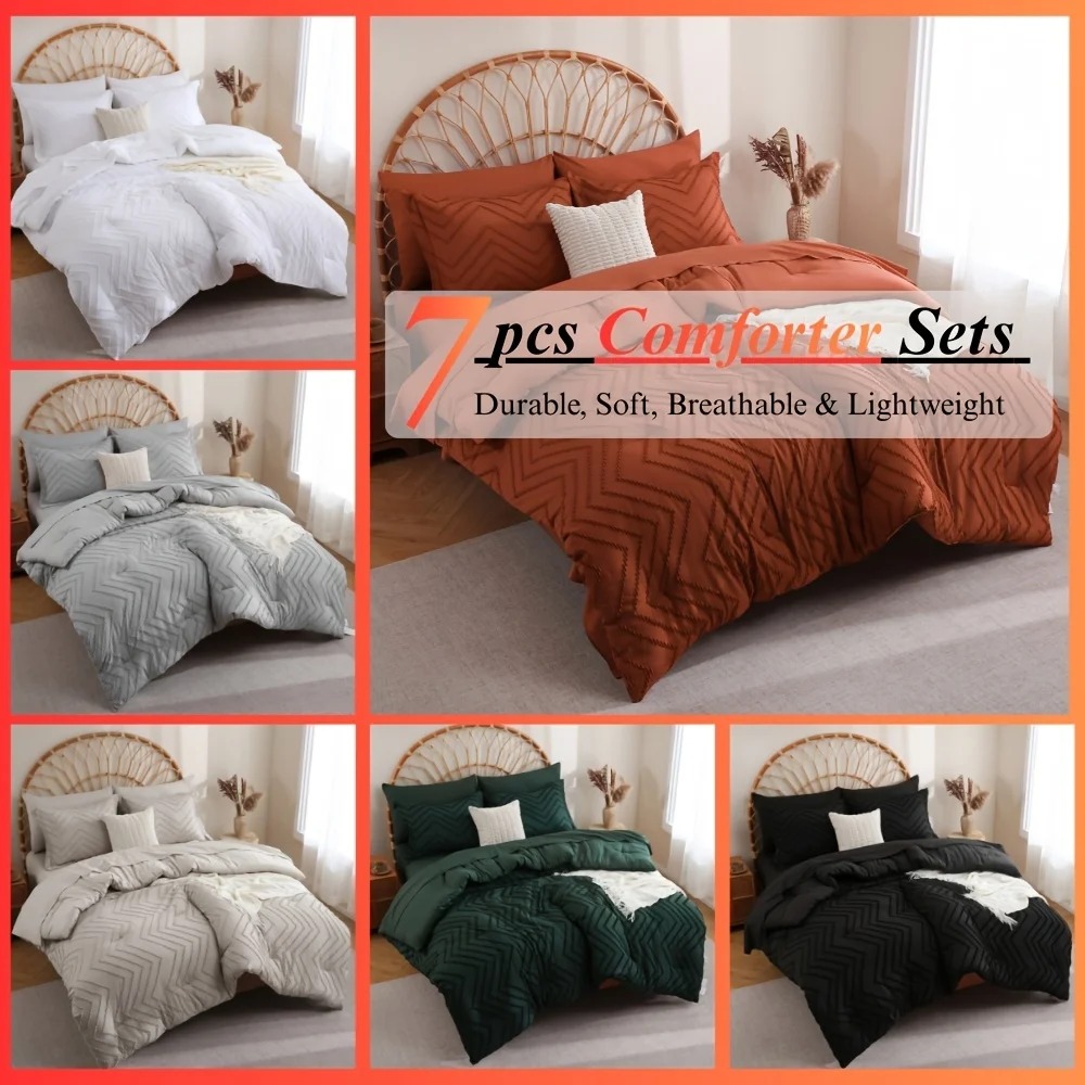 7pcs Chevron Boho Shabby Chic Farmhouse Comforter Set Bedding Set, Tufted Bed In A Bag Queen And King Size, Soft Microfiber Lightweight Bedding Set for All Season, Local Warehouse, Perfect Bedroom Decor, Bedroom Essentials, Cozy Bedroom, Vintage
7pcs Chevron Boho Shabby Chic Farmhouse Comforter Set Bedding Set, Tufted Bed In A Bag Queen And King Size, Soft Microfiber Lightweight Bedding Set for All Season, Local Warehouse, Perfect Bedroom Decor, Bedroom Essentials, Cozy Bedroom, Vintage