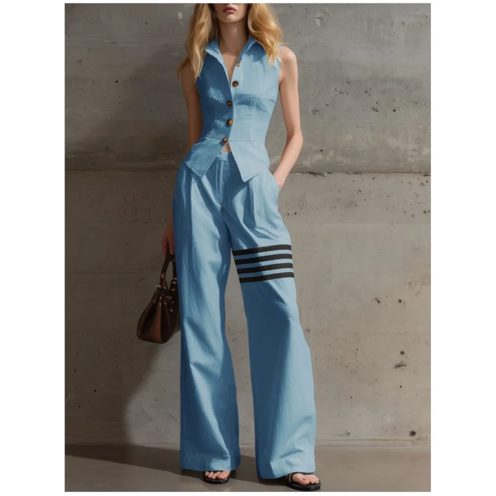 Sleeveless Waist Shirt Women Straight-leg Wide-leg Pants 2piece Set Fashion Single-sided Pants Printed Stripes Slim Fit PantsSet
Sleeveless Waist Shirt Women Straight-leg Wide-leg Pants 2piece Set Fashion Single-sided Pants Printed Stripes Slim Fit PantsSet