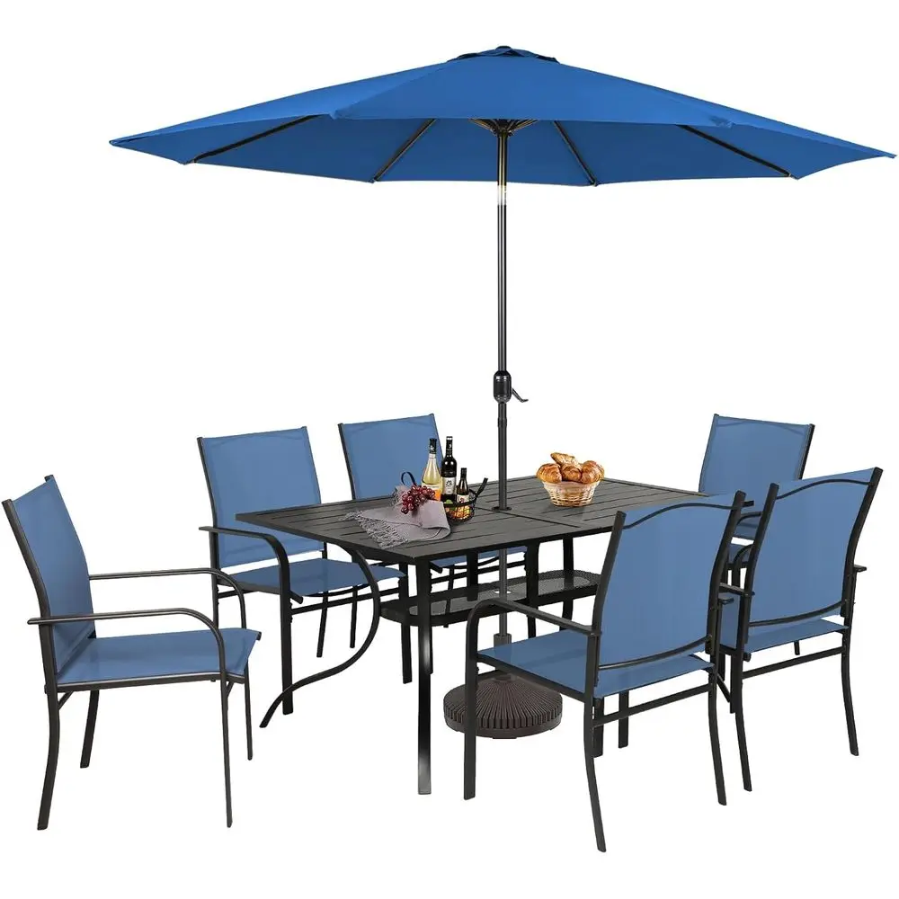 8 - Piece Outdoor Dining Set, Patio urniture Set with 6 Textilene Dinning Chairs, 1 RecMetal Table and 1 k Blue 9t Patio Umbrell
8 - Piece Outdoor Dining Set, Patio urniture Set with 6 Textilene Dinning Chairs, 1 RecMetal Table and 1 k Blue 9t Patio Umbrell